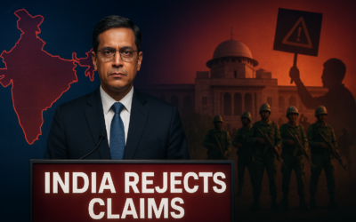 Ultra-realistic newsroom graphic showing India rejecting Bangladesh government claims after a deadly attack, highlighting diplomatic tension ahead of Bangladesh 2026 elections.