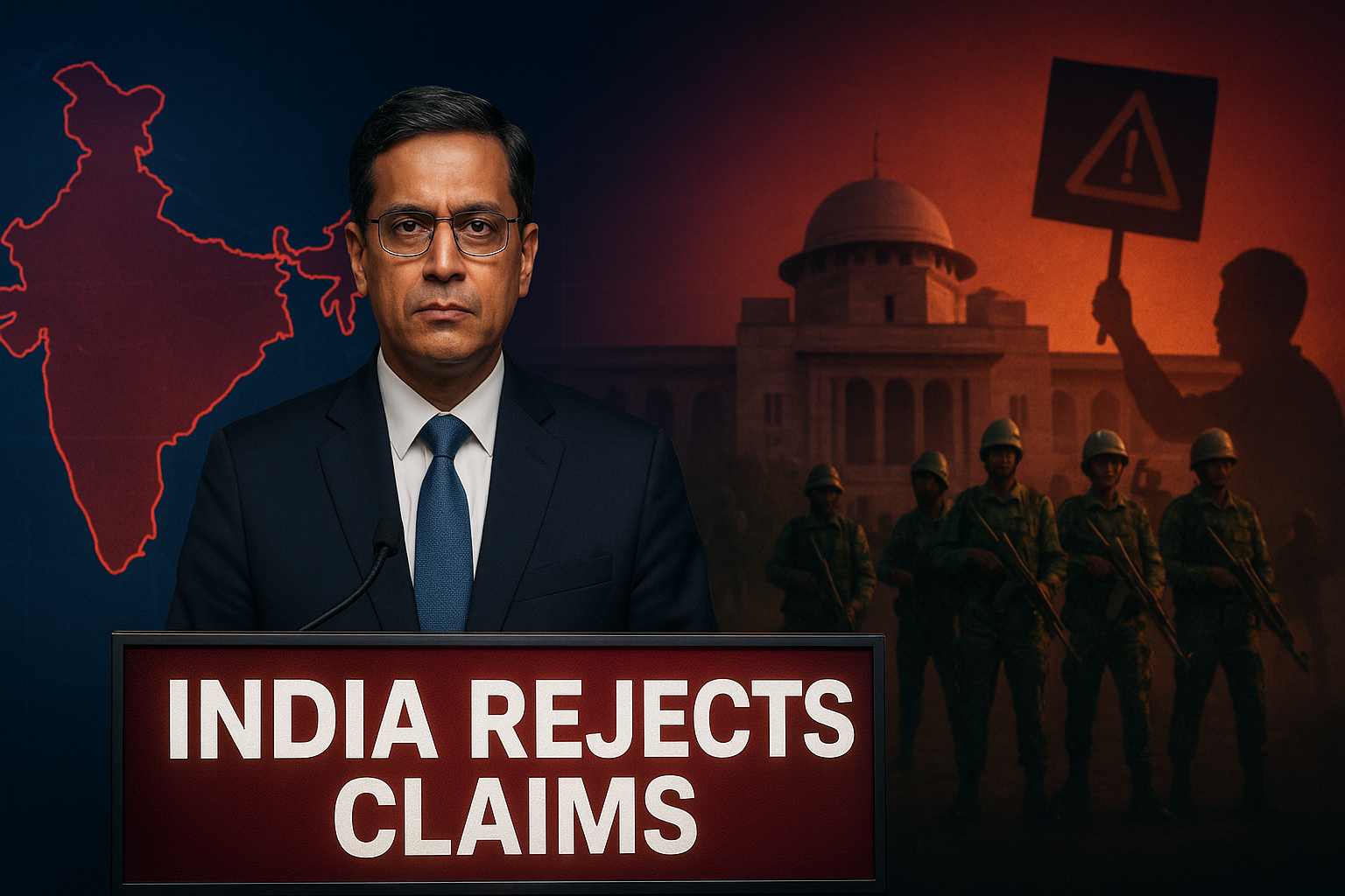 Ultra-realistic newsroom graphic showing India rejecting Bangladesh government claims after a deadly attack, highlighting diplomatic tension ahead of Bangladesh 2026 elections.