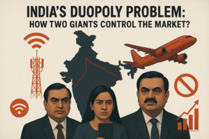 India’s duopoly problem illustrated with two corporate giants dominating telecom and aviation sectors, frustrated Indian citizens facing network issues and flight cancellations, and a digital map of India highlighting market control.