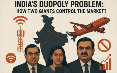 India’s duopoly problem illustrated with two corporate giants dominating telecom and aviation sectors, frustrated Indian citizens facing network issues and flight cancellations, and a digital map of India highlighting market control.