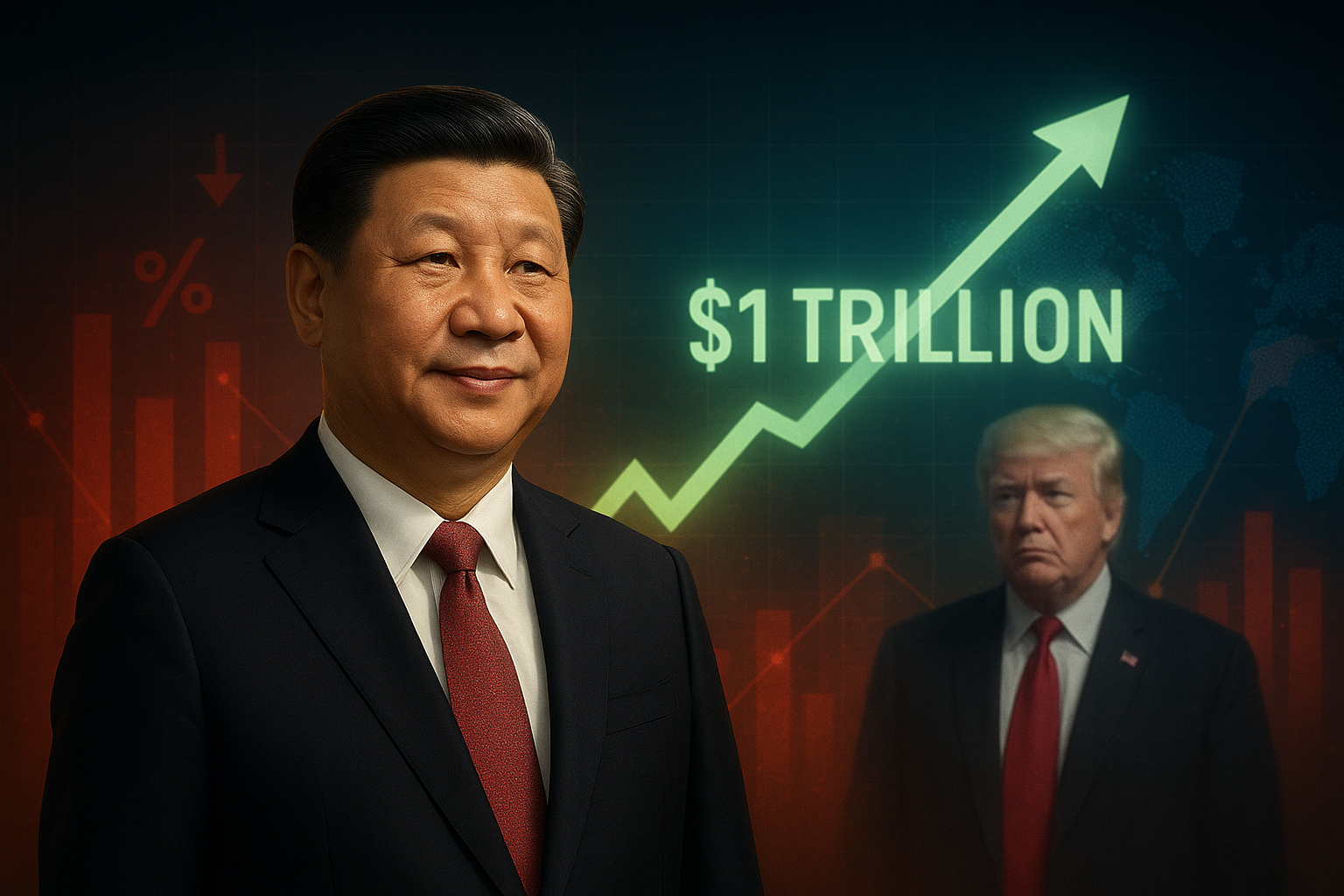 Xi Jinping trade war victory showing $1 trillion China trade surplus as Donald Trump appears blurred in background with falling tariff charts and global supply chain map