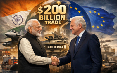 Indian Prime Minister Narendra Modi shaking hands with a European Union leader, symbolizing the India-EU Trade Deal with $200 billion trade target and Made in India defence manufacturing.