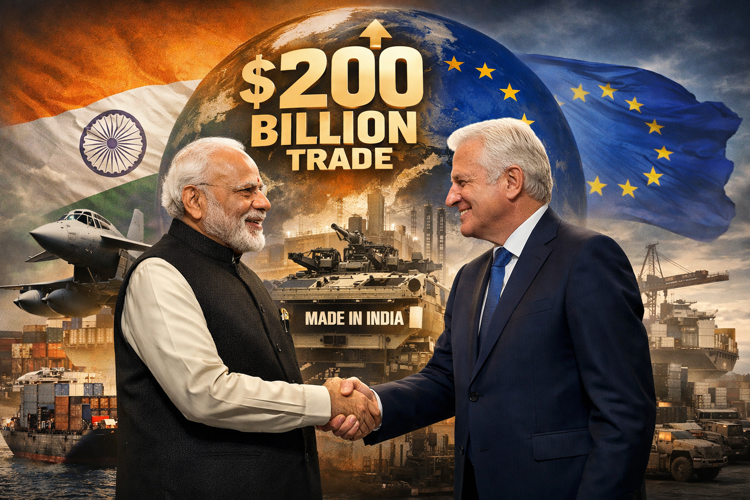 Indian Prime Minister Narendra Modi shaking hands with a European Union leader, symbolizing the India-EU Trade Deal with $200 billion trade target and Made in India defence manufacturing.
